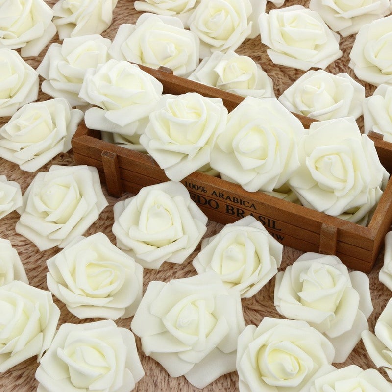 Lightingsky 3 x 1.6 x 3 inches 100pcs DIY Real Touch 3D Artificial Foam Rose Head Without Stem for Wedding Party Home Decoration (Milky) - Image 4